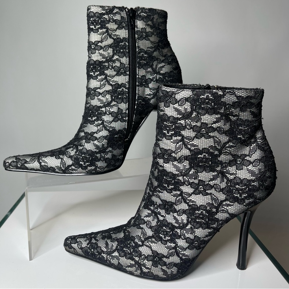 Unique Black Fabric Lace Vintage Sexy Ankle High Heel Party Boots